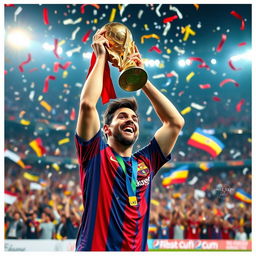 A thrilling and vibrant scene capturing a soccer match celebrating Lionel Messi's victory at the World Cup