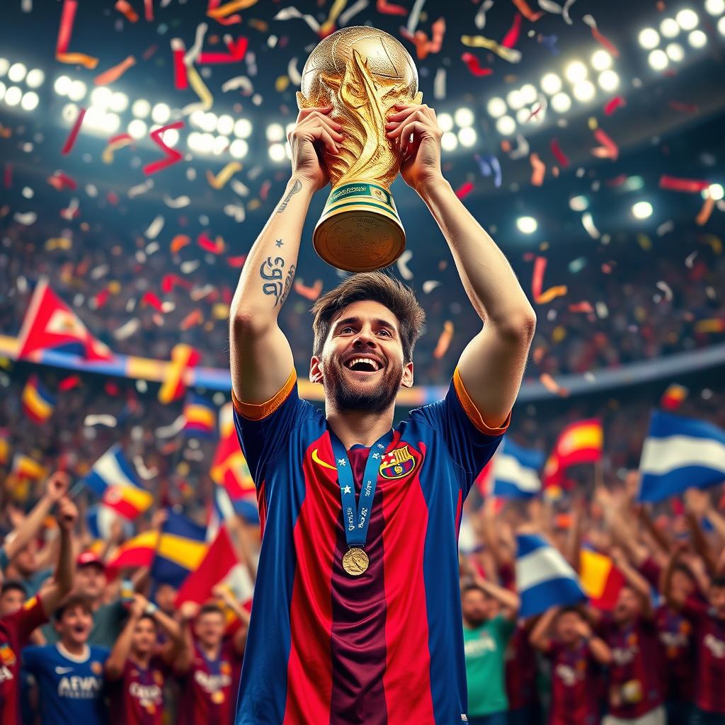 A thrilling and vibrant scene capturing a soccer match celebrating Lionel Messi's victory at the World Cup