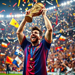 A thrilling and vibrant scene capturing a soccer match celebrating Lionel Messi's victory at the World Cup