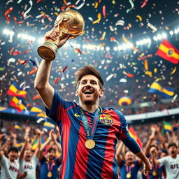 A thrilling and vibrant scene capturing a soccer match celebrating Lionel Messi's victory at the World Cup