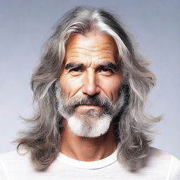 Modify the existing image to highlight the man's long, unkempt hair as salt and pepper-colored.