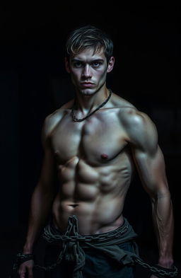 A muscular young man, showcasing strength and resilience, in a dramatic dark room setting