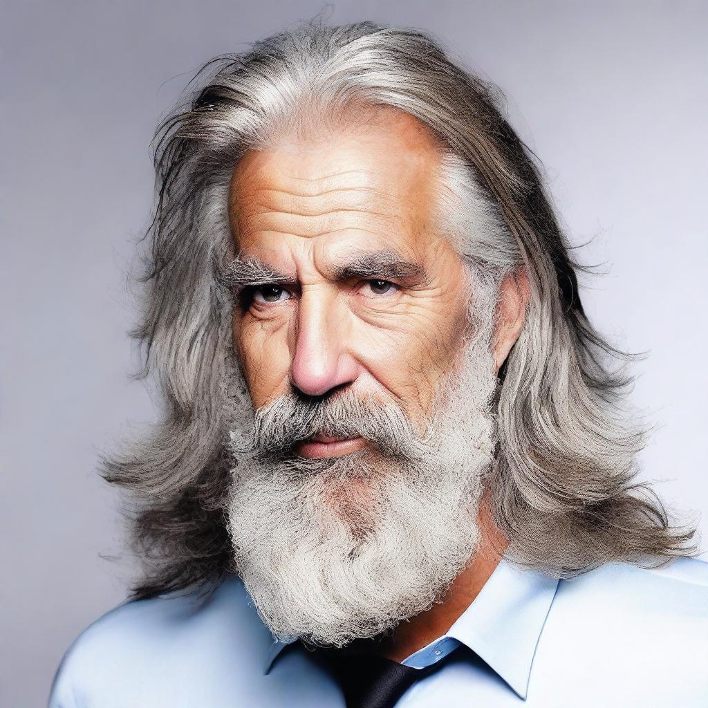 Modify the existing image to highlight the man's long, unkempt hair as salt and pepper-colored.