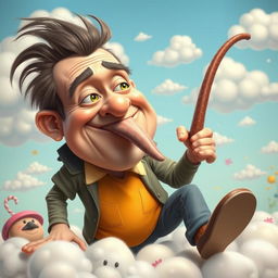 An artistic and exaggerated representation of a fictional character with an oversized and humorous appearance, prominently featuring an absurdly long and exaggerated element, capturing a comedic and caricatured essence