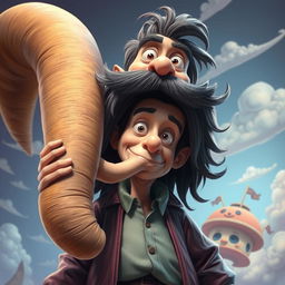 An artistic and exaggerated representation of a fictional character with an oversized and humorous appearance, prominently featuring an absurdly long and exaggerated element, capturing a comedic and caricatured essence