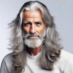 Modify the existing image to highlight the man's long, unkempt hair as salt and pepper-colored.