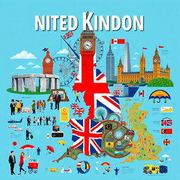A captivating poster about the United Kingdom featuring no text, strictly focusing on visuals that convey various themes