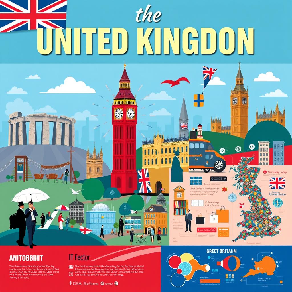 A captivating poster about the United Kingdom featuring no text, strictly focusing on visuals that convey various themes