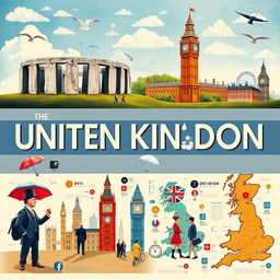 A captivating poster about the United Kingdom featuring no text, strictly focusing on visuals that convey various themes