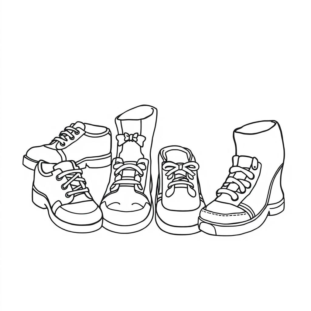 A cute and bold coloring page featuring a delightful assortment of shoes with a dotted line background