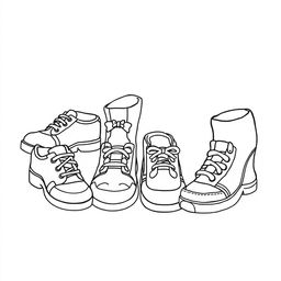 A cute and bold coloring page featuring a delightful assortment of shoes with a dotted line background