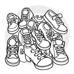 A cute and bold coloring page featuring a delightful assortment of shoes with a dotted line background