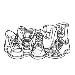A cute and bold coloring page featuring a delightful assortment of shoes with a dotted line background