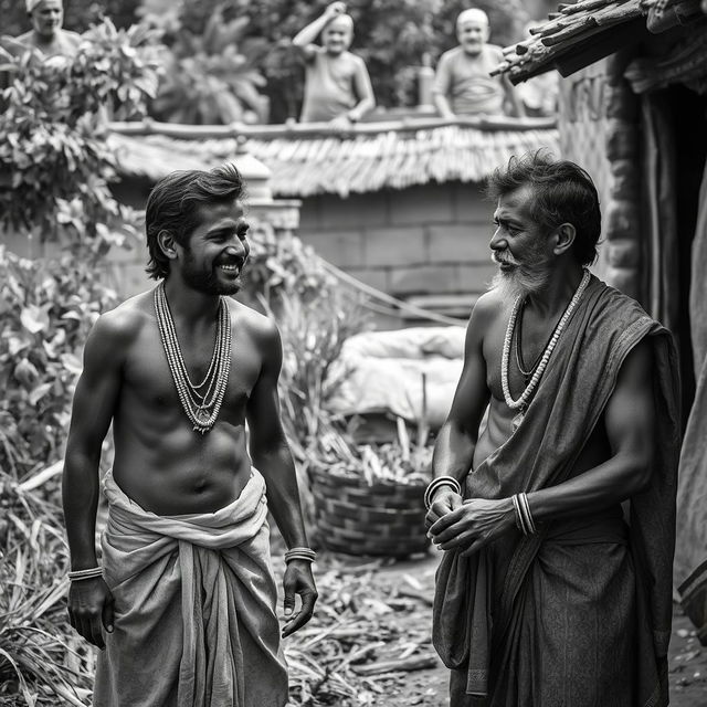 A captivating black and white photography scene depicting sensual Indian village men in a rustic setting