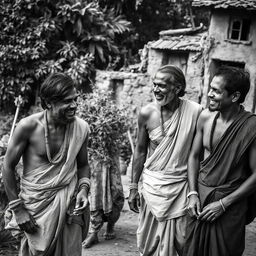 A captivating black and white photography scene depicting sensual Indian village men in a rustic setting