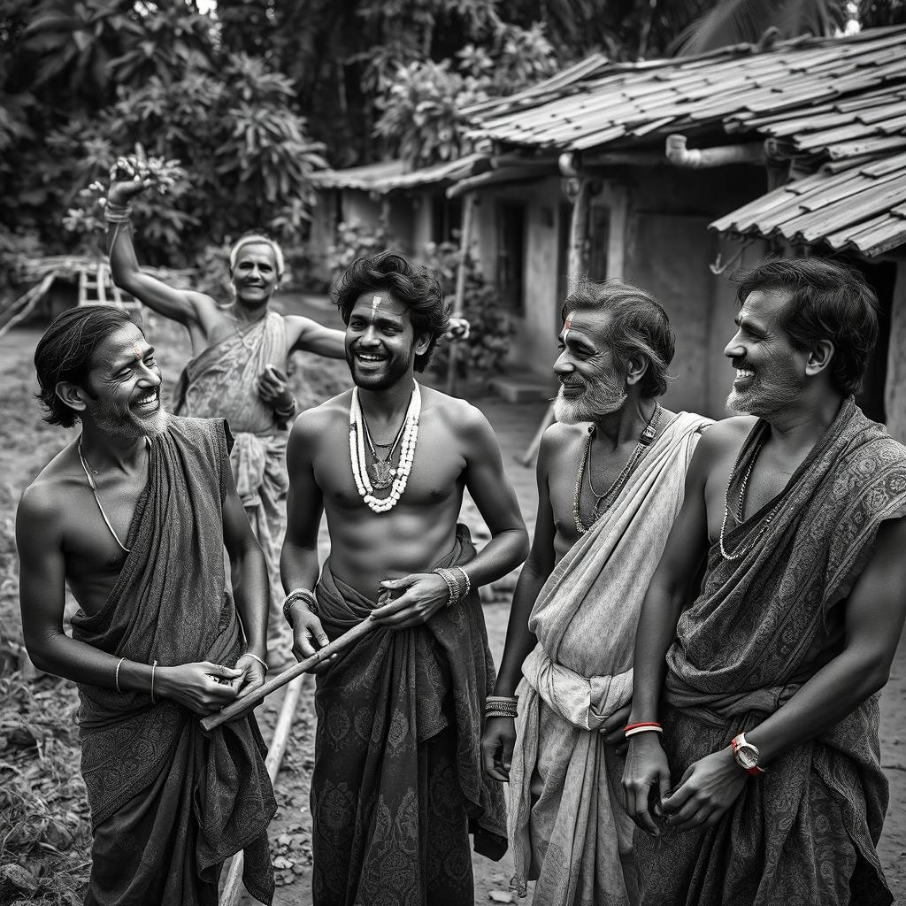 A captivating black and white photography scene depicting sensual Indian village men in a rustic setting