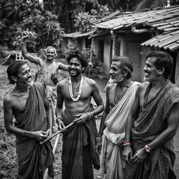 A captivating black and white photography scene depicting sensual Indian village men in a rustic setting