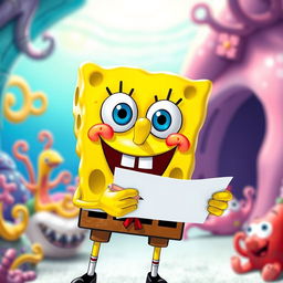 SpongeBob SquarePants looking directly at the viewer with a big, friendly smile, holding a piece of paper and a pencil in his hand