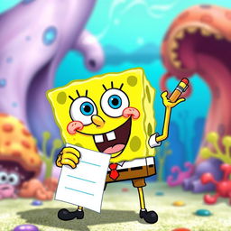 SpongeBob SquarePants looking directly at the viewer with a big, friendly smile, holding a piece of paper and a pencil in his hand