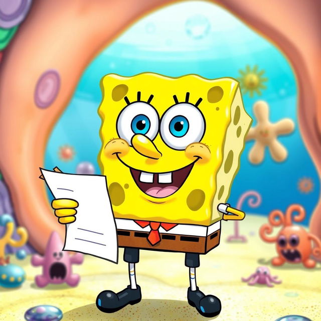 SpongeBob SquarePants looking directly at the viewer with a big, friendly smile, holding a piece of paper and a pencil in his hand