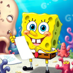 SpongeBob SquarePants looking directly at the viewer with a big, friendly smile, holding a piece of paper and a pencil in his hand