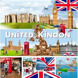 A visually stunning poster about the United Kingdom, entirely composed of vivid images and organized into distinct sections with no text