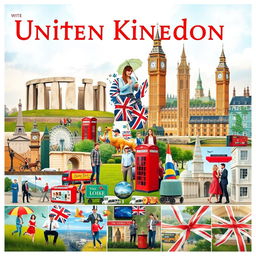 A visually stunning poster about the United Kingdom, entirely composed of vivid images and organized into distinct sections with no text