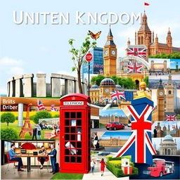 A visually stunning poster about the United Kingdom, entirely composed of vivid images and organized into distinct sections with no text