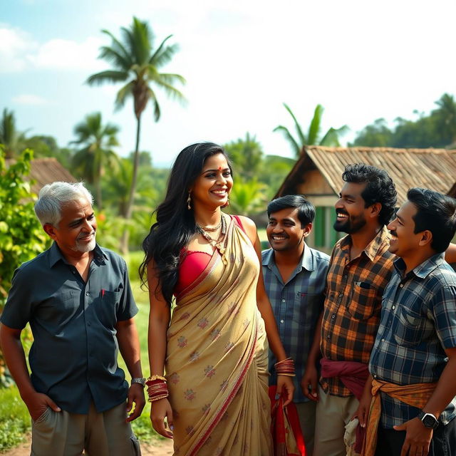 A sensual scene featuring a tall Indian woman with big breasts, dressed in a traditional yet alluring outfit, interacting playfully with a group of village men in a lush green environment