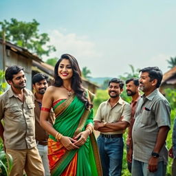 A sensual scene featuring a tall Indian woman with big breasts, dressed in a traditional yet alluring outfit, interacting playfully with a group of village men in a lush green environment