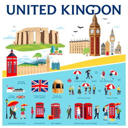 A visually engaging poster about the United Kingdom, divided into two main sections