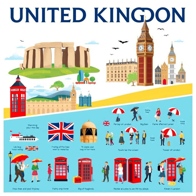 A visually engaging poster about the United Kingdom, divided into two main sections