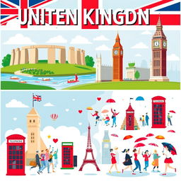 A visually engaging poster about the United Kingdom, divided into two main sections