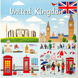 A visually engaging poster about the United Kingdom, divided into two main sections