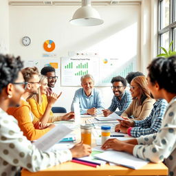 A vibrant and motivational scene depicting a diverse group of people actively engaged in a lively workshop about financial tips and strategies