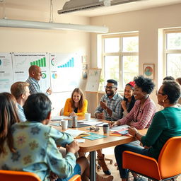 A vibrant and motivational scene depicting a diverse group of people actively engaged in a lively workshop about financial tips and strategies