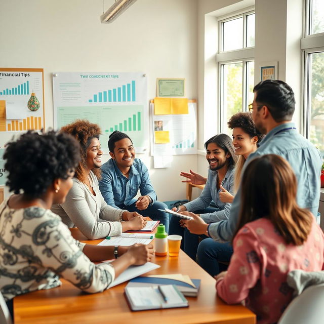 A vibrant and motivational scene depicting a diverse group of people actively engaged in a lively workshop about financial tips and strategies