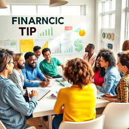 A vibrant and motivational scene depicting a diverse group of people actively engaged in a lively workshop about financial tips and strategies