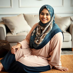 A curvy Hijabi woman gracefully sitting on the floor, adorned in a beautifully patterned hijab that complements her outfit