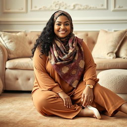 A curvy Hijabi woman gracefully sitting on the floor, adorned in a beautifully patterned hijab that complements her outfit