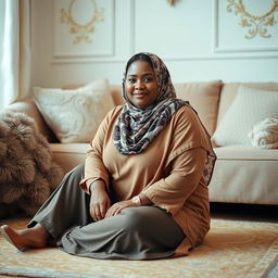 A curvy Hijabi woman gracefully sitting on the floor, adorned in a beautifully patterned hijab that complements her outfit