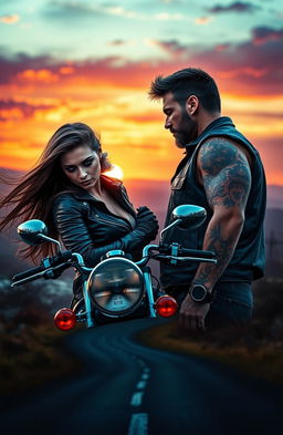 A romantic scene depicting a passionate biker couple