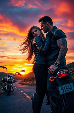 A romantic scene depicting a passionate biker couple