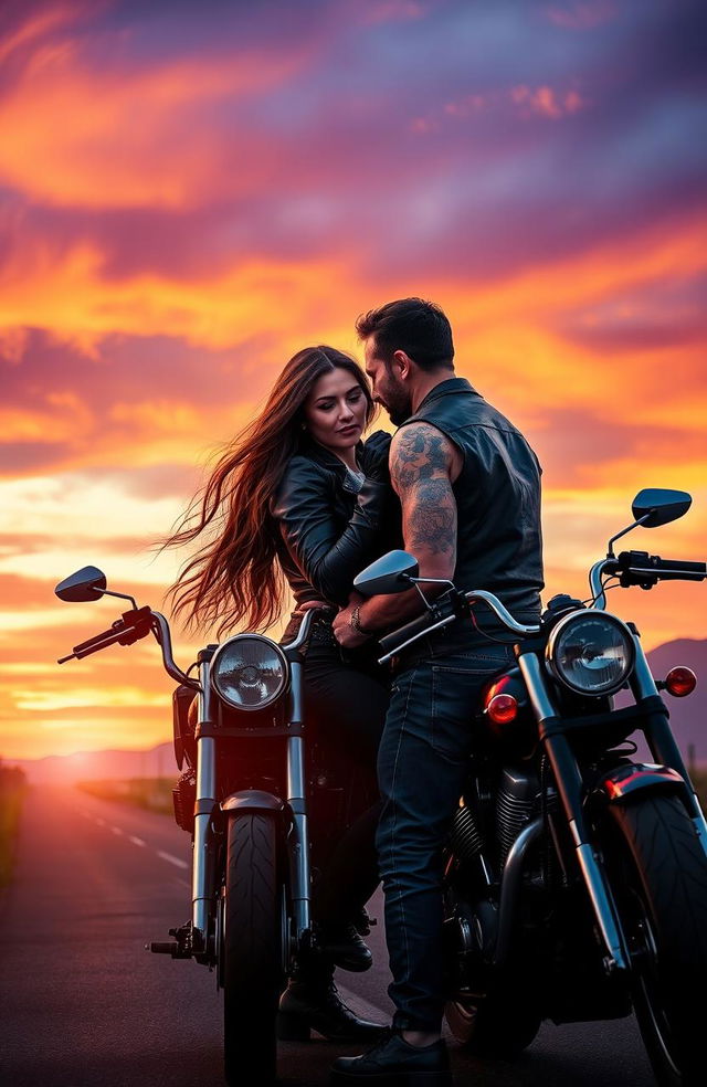 A romantic scene depicting a passionate biker couple