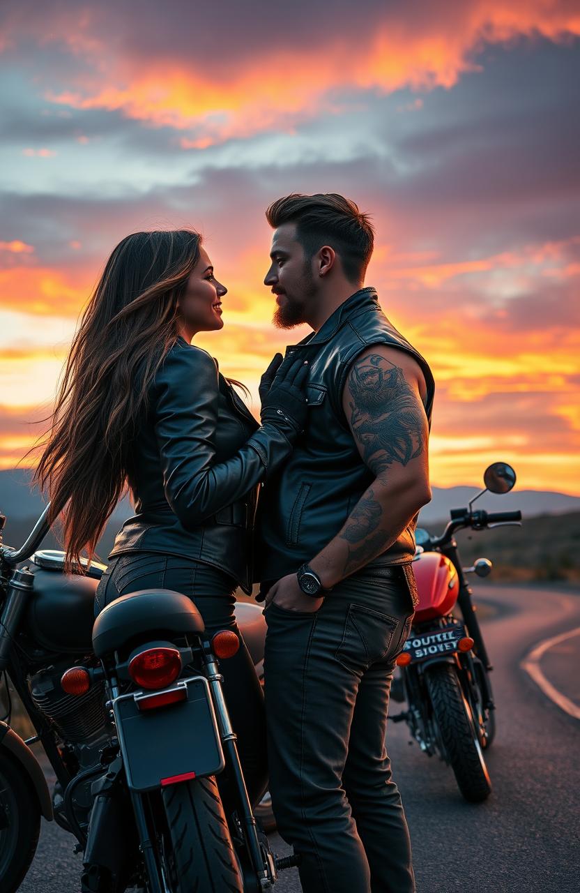 A romantic scene depicting a passionate biker couple