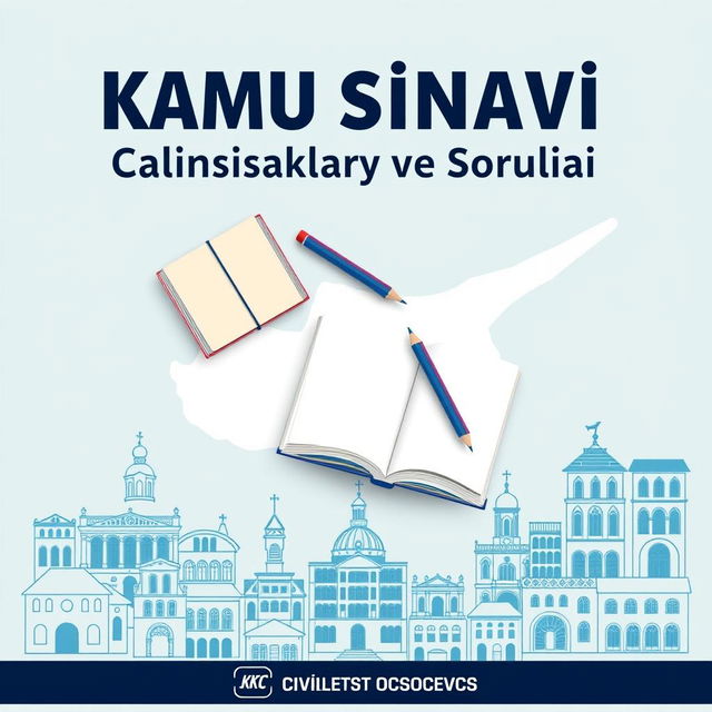 An e-book cover design featuring the title 'KKTC Kamu Sınavı Çalışma Kaynakları ve Soruları' prominently at the top in bold, professional font