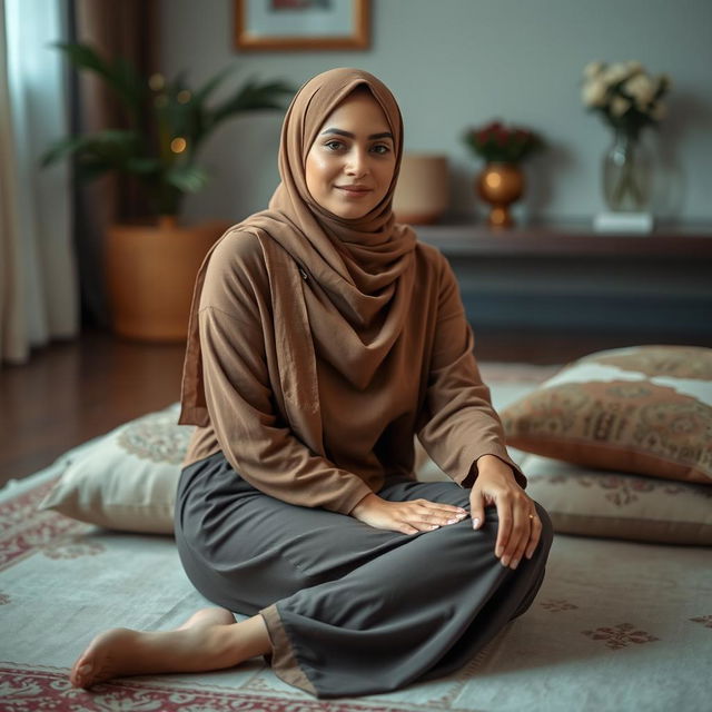 A Hijabi woman sitting on the floor, wearing a modest, stylish outfit that showcases her cultural fashion