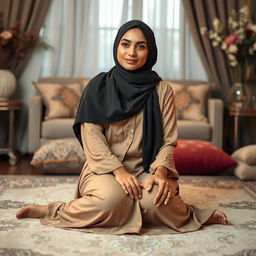 A Hijabi woman sitting on the floor, wearing a modest, stylish outfit that showcases her cultural fashion