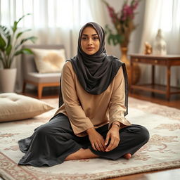 A Hijabi woman sitting on the floor, wearing a modest, stylish outfit that showcases her cultural fashion