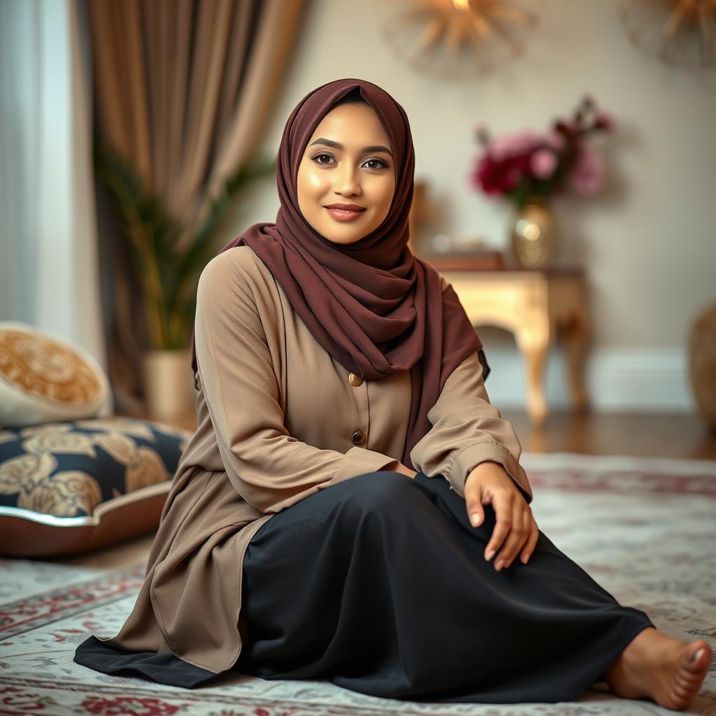 A Hijabi woman sitting on the floor, wearing a modest, stylish outfit that showcases her cultural fashion